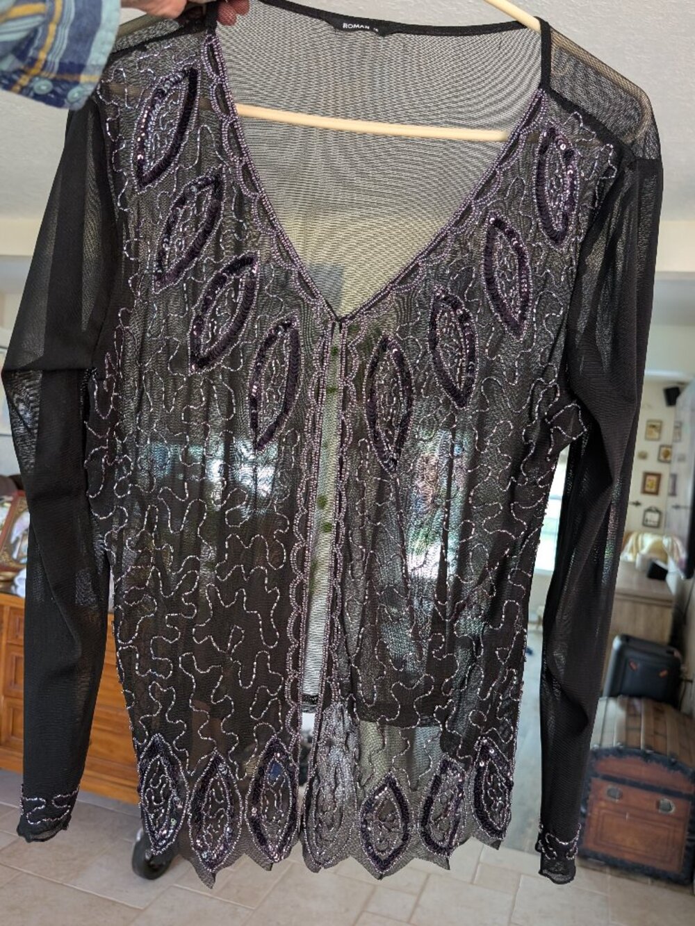 Roman Beaded Mesh Sheer Cardigan Shawl Scalloped Glam Size UK 16 US L